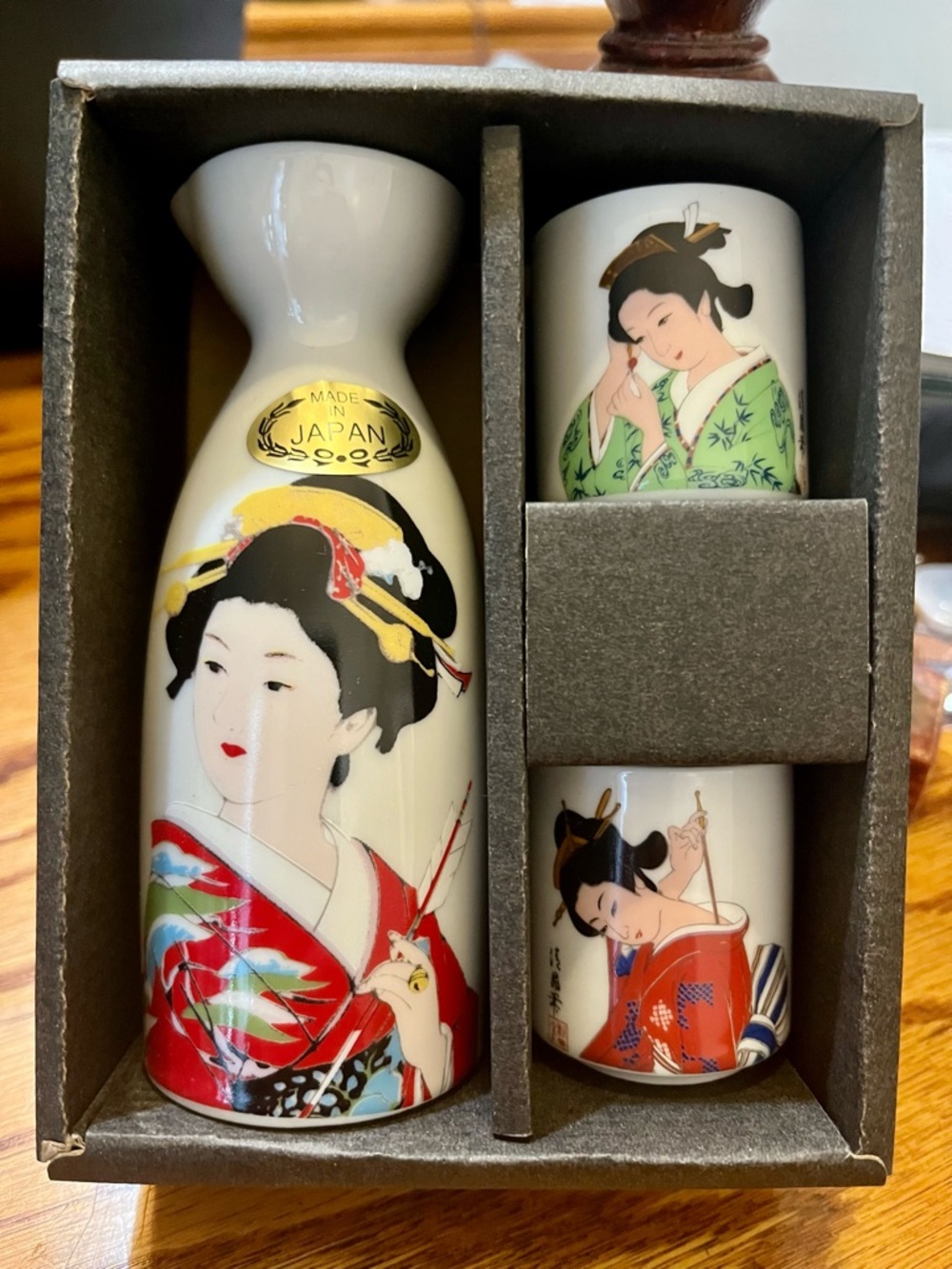 Japanese Geisha Sake Set - White Porcelain with Red & Green Geisha Designs